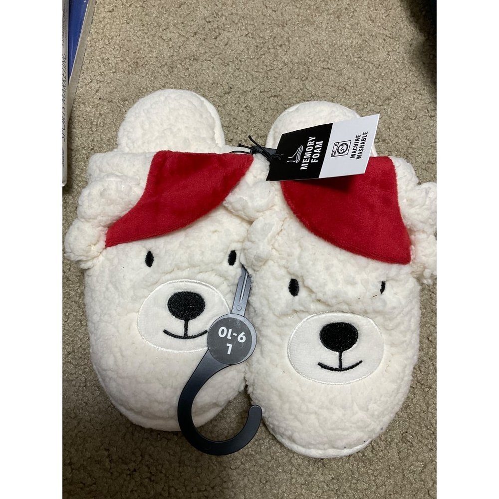 Large L 9-10 Polar Bear Holiday Christmas House Shoes Slippers Fluffy